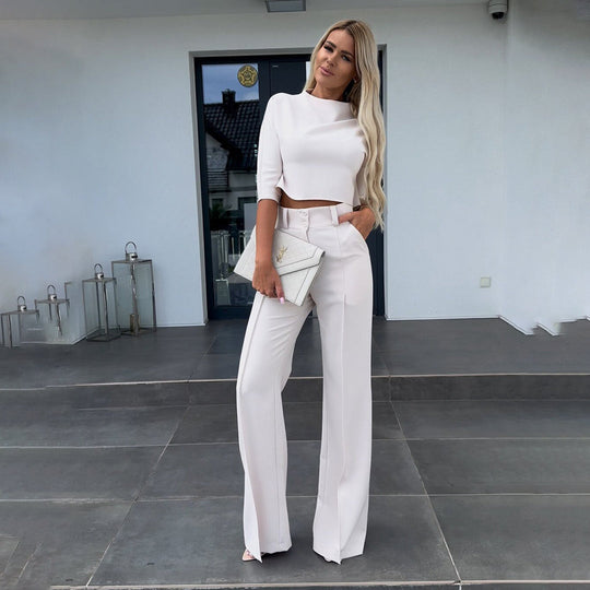 Kobieta | Zestaw 2-częściowy | Top z Krótkim Rękawem | Luźne Spodnie | Styl Casual Elegancki