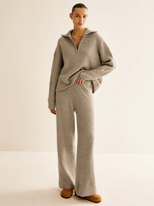 Damski | Prążkowany Komplet Loungewear | Bluza z Zamkiem | Szerokie Spodnie | Mieszanka Wełny | Khaki
