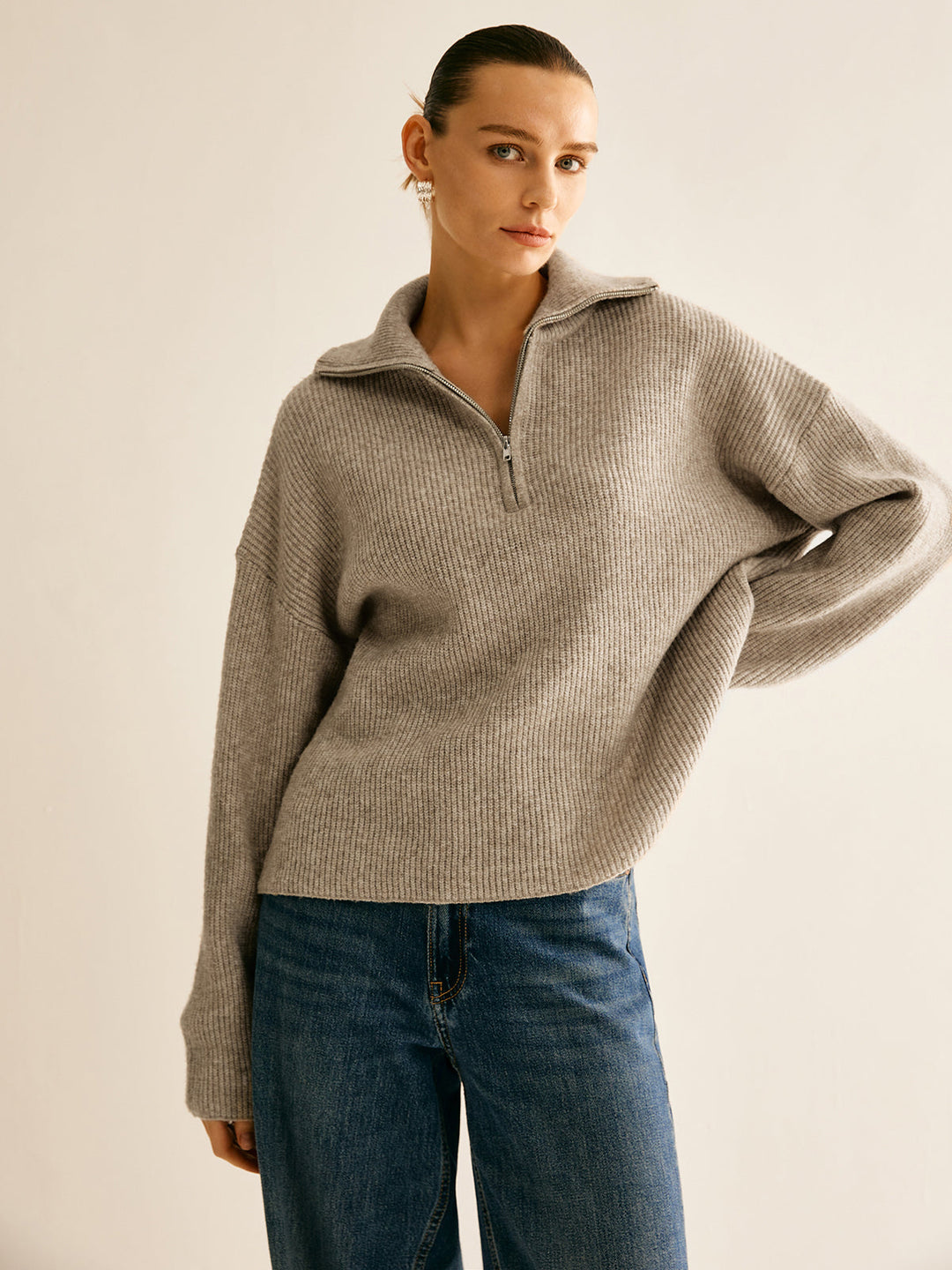 Damski | Prążkowany Komplet Loungewear | Bluza z Zamkiem | Szerokie Spodnie | Mieszanka Wełny | Khaki