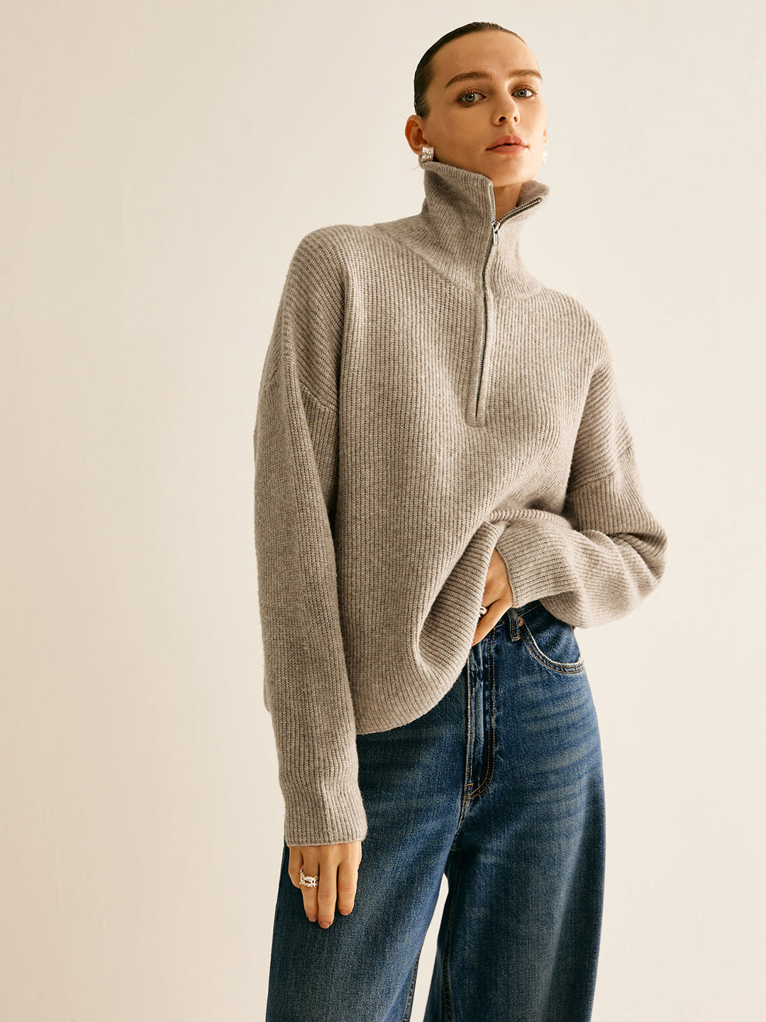 Damski | Prążkowany Komplet Loungewear | Bluza z Zamkiem | Szerokie Spodnie | Mieszanka Wełny | Khaki