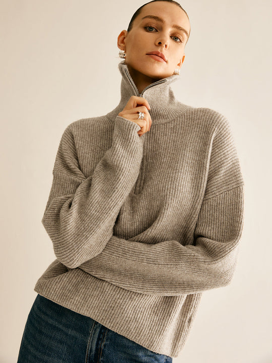 Damski | Prążkowany Komplet Loungewear | Bluza z Zamkiem | Szerokie Spodnie | Mieszanka Wełny | Khaki