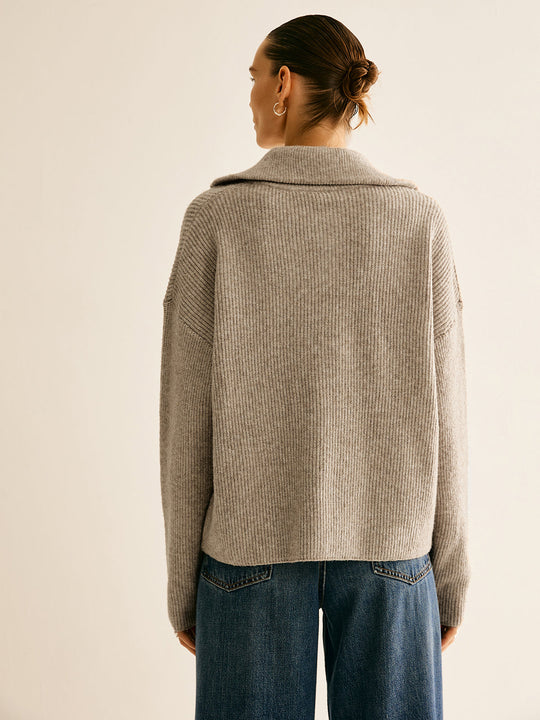 Damski | Prążkowany Komplet Loungewear | Bluza z Zamkiem | Szerokie Spodnie | Mieszanka Wełny | Khaki