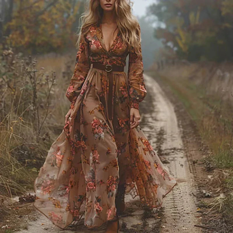 Kobieta | Kwiatowa Sukienka Maxi | Styl Boho | Długie Rękawy | Zwiewna Sukienka na Garden Party