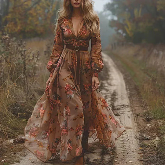 Kobieta | Kwiatowa Sukienka Maxi | Styl Boho | Długie Rękawy | Zwiewna Sukienka na Garden Party