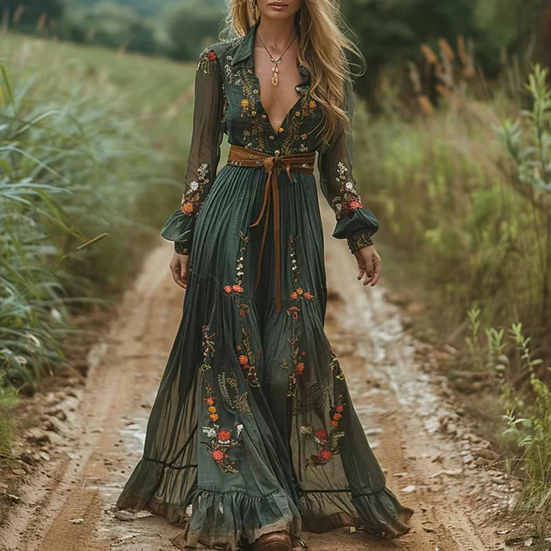 Kobieta | Kwiatowa Sukienka Maxi | Styl Boho | Długie Rękawy | Zwiewna Sukienka na Garden Party