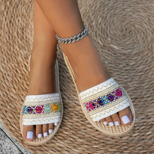 Zara | Damskie Klapki Boho z Plecionym Paskiem | Letnie Klapki Slip-On | Podeszwa z Juty w Stylu Espadryli