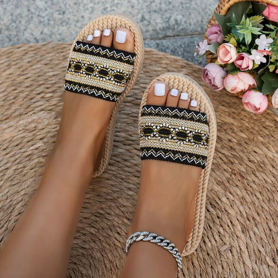 Zara | Damskie Klapki Boho z Plecionym Paskiem | Letnie Klapki Slip-On | Podeszwa z Juty w Stylu Espadryli