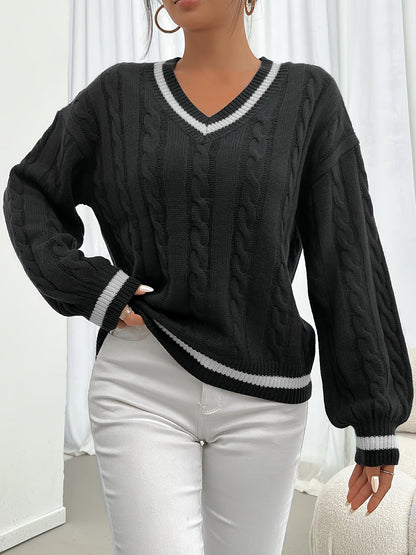 Sweter damski | dekolt V, warkoczowy splot