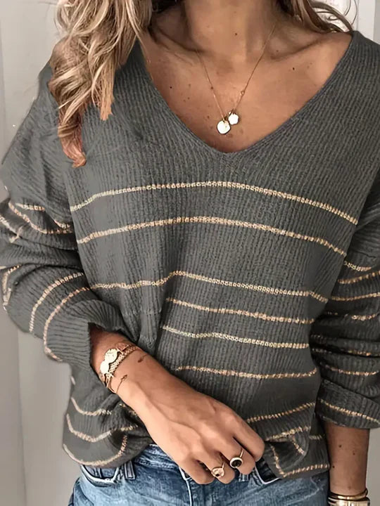 Luna - Pasiasty Sweter z Dekoltem w Serek dla Modnej Kobiety