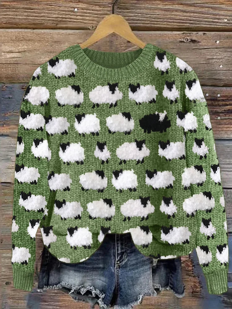 Damski Sweter – Luźny Krój – Wełna Dziana – Okrągły Dekolt – Wzór Owcy
