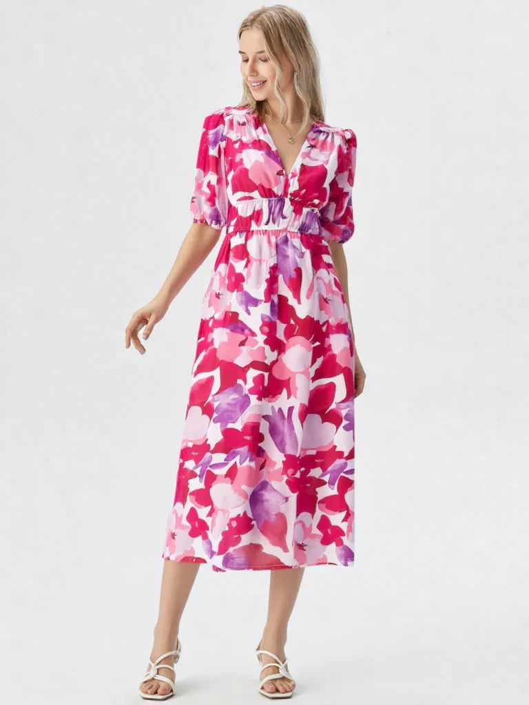Kwiatowa Sukienka Midi Fleur A-Line | Dekolt V | Bufiaste Rękawy | Elegancka Letnia Sukienka Damska