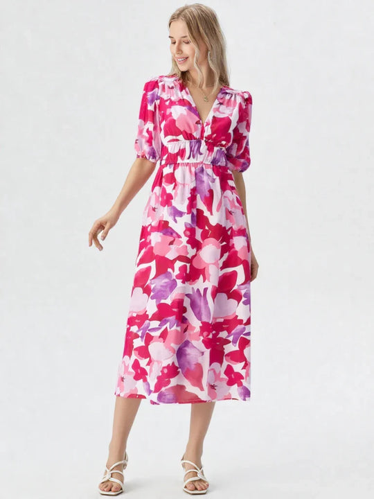 Kwiatowa Sukienka Midi Fleur A-Line | Dekolt V | Bufiaste Rękawy | Elegancka Letnia Sukienka Damska