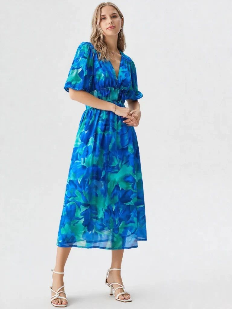 Kwiatowa Sukienka Midi Fleur A-Line | Dekolt V | Bufiaste Rękawy | Elegancka Letnia Sukienka Damska