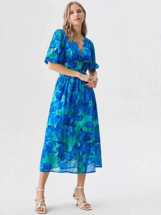 Kwiatowa Sukienka Midi Fleur A-Line | Dekolt V | Bufiaste Rękawy | Elegancka Letnia Sukienka Damska