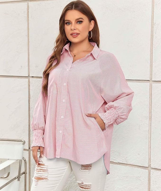 Damska Koszula Midi w Paski Oversize | Długi Rękaw z Marszczeniem | Luźny Krój | Casual i Podróże