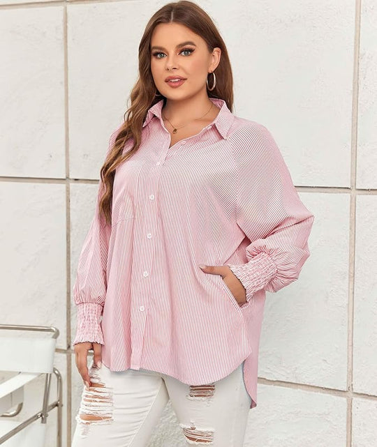 Damska Koszula Midi w Paski Oversize | Długi Rękaw z Marszczeniem | Luźny Krój | Casual i Podróże