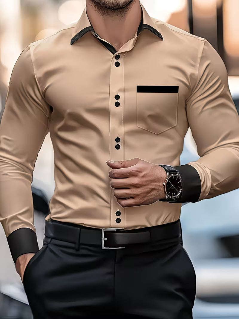 Męska Koszula z Długim Rękawem Slim Fit | Zapięcie na Guziki | Elegancki Dopasowany Krój | Do Biura i Na Formalne Okazje