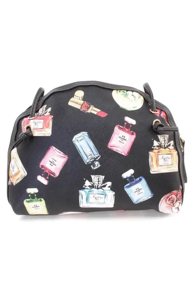 Czarna torebka mini z nadrukiem perfum z sztucznej skóry