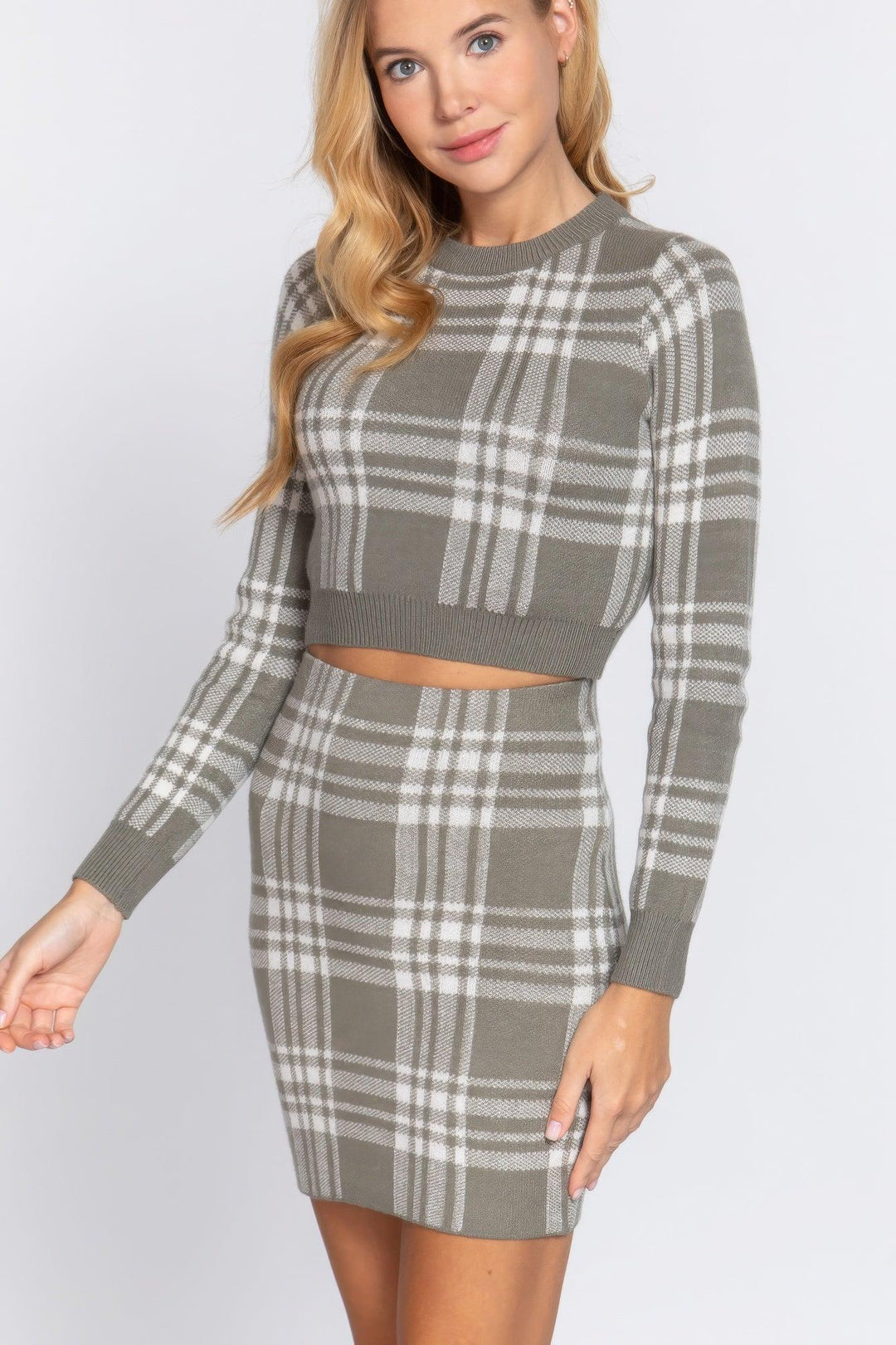 Spódnica Mini z Swetra w Wzór Kratę Jacquard