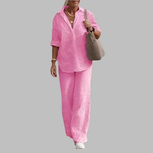 Florisa - Komplet damski letni | Lekka bluzka, dopasowane spodnie, luźny krój | Casualowy styl na plażę