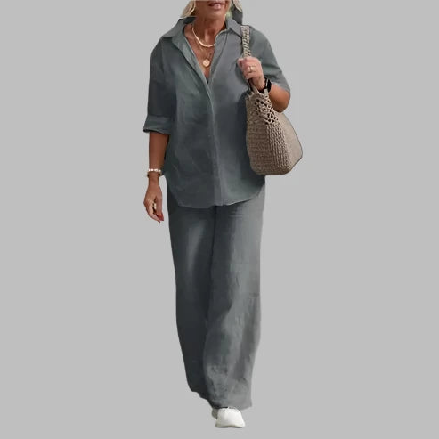 Florisa - Komplet damski letni | Lekka bluzka, dopasowane spodnie, luźny krój | Casualowy styl na plażę