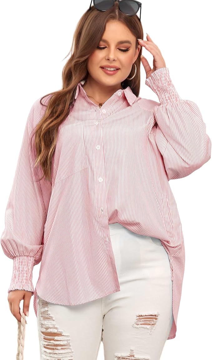 Damska Koszula Midi w Paski Oversize | Długi Rękaw z Marszczeniem | Luźny Krój | Casual i Podróże
