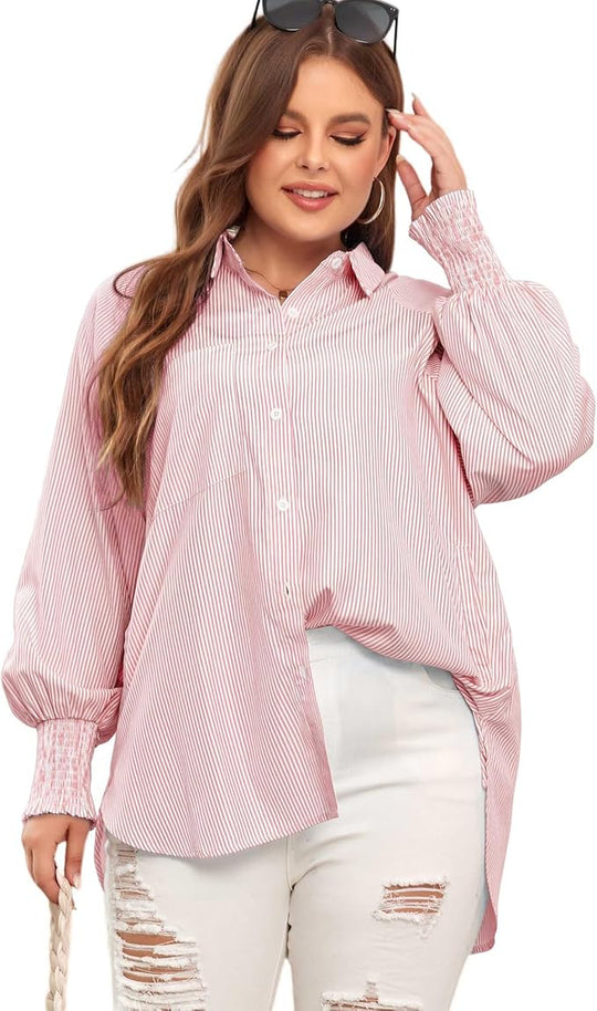 Damska Koszula Midi w Paski Oversize | Długi Rękaw z Marszczeniem | Luźny Krój | Casual i Podróże