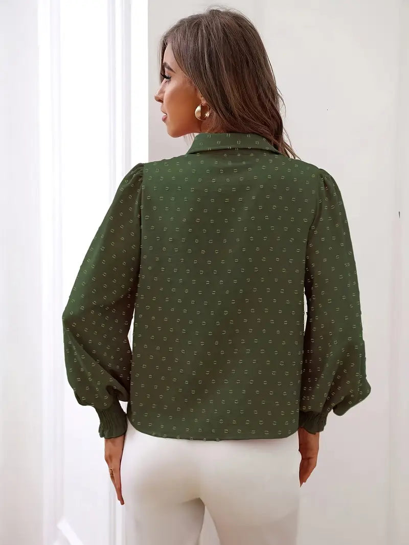 Damska Bluzka w Szwajcarskie Kropki z Plisami | Elegancki Fason z Długim Rękawem | Latarnia Sleeve | Do Pracy i Na Co Dzień