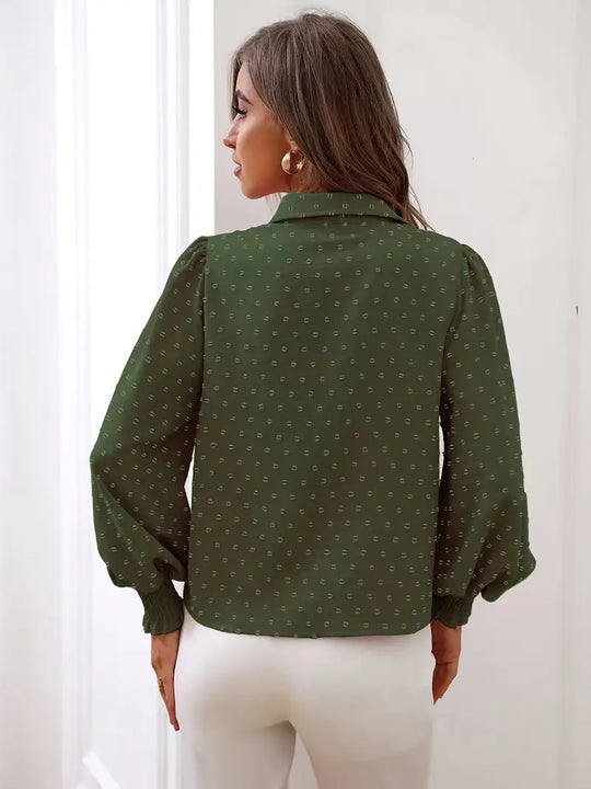 Damska Bluzka w Szwajcarskie Kropki z Plisami | Elegancki Fason z Długim Rękawem | Latarnia Sleeve | Do Pracy i Na Co Dzień
