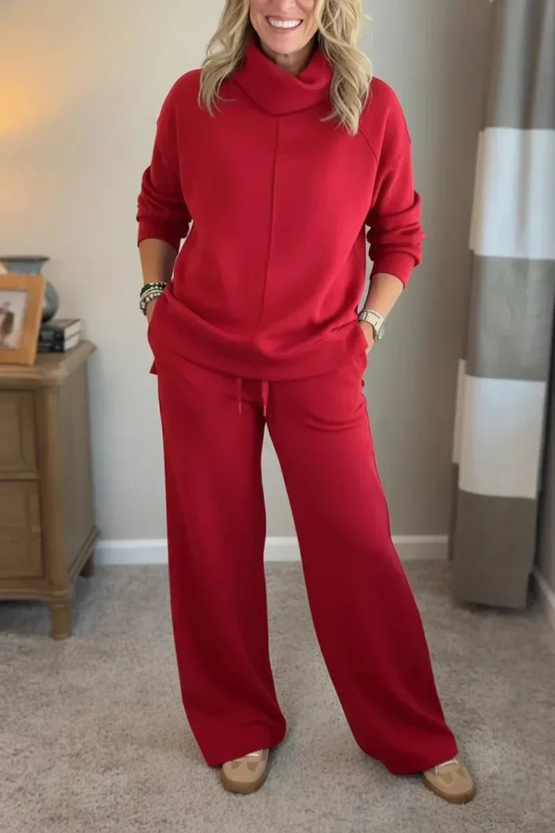 Kobieta | Zestaw Loungewear | Aya | Dzianinowy Komplet | Szerokie Spodnie | Granatowy | All-Season