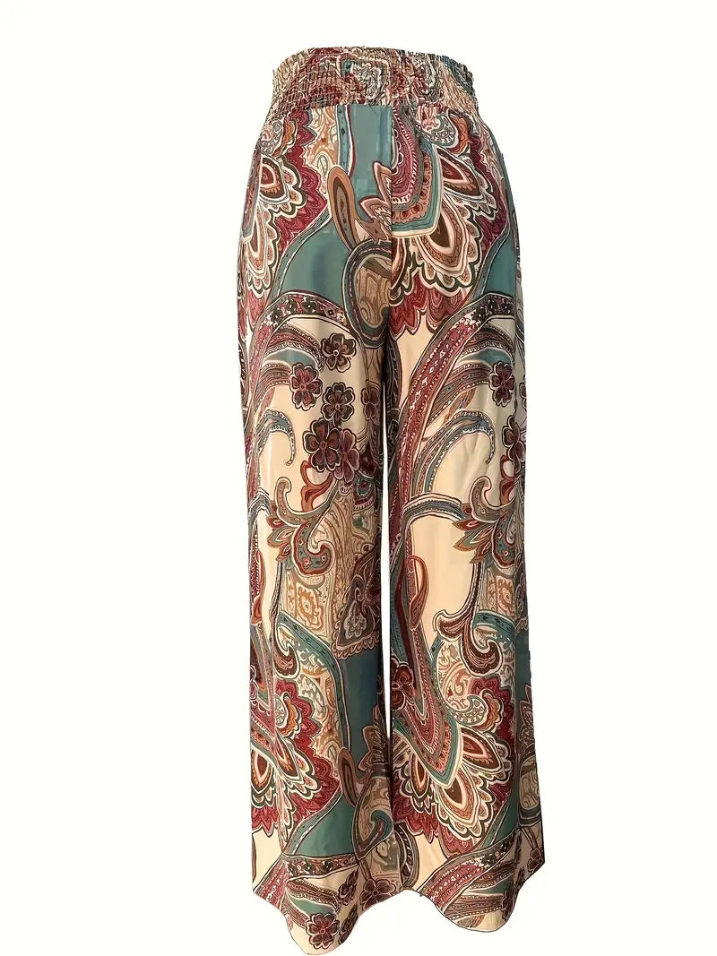 Eleganckie Boho Szerokie Spodnie z Wzorem Paisley dla Kobiet
