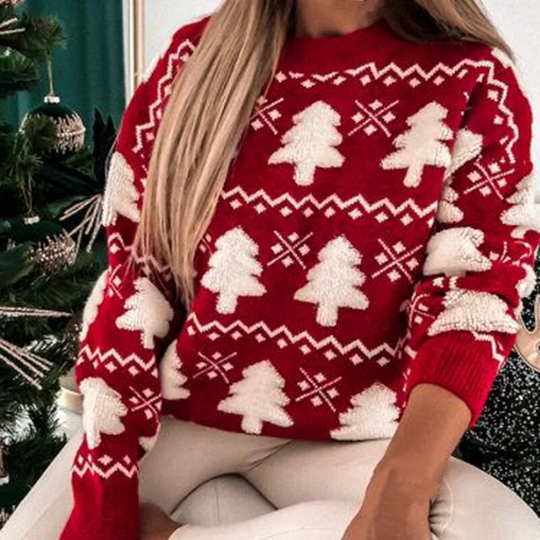 Sweter Damski – Luźny Krój – Wełniany Mix – Wzór Drzewa – Żebrowane Rękawy
