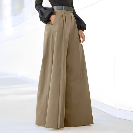 Damskie Spodnie z Wysokim Stanem i Szerokimi Nogawkami | Eleganckie Fałdy z Przodu | Elastyczny Materiał | Na Co Dzień i Smart Casual