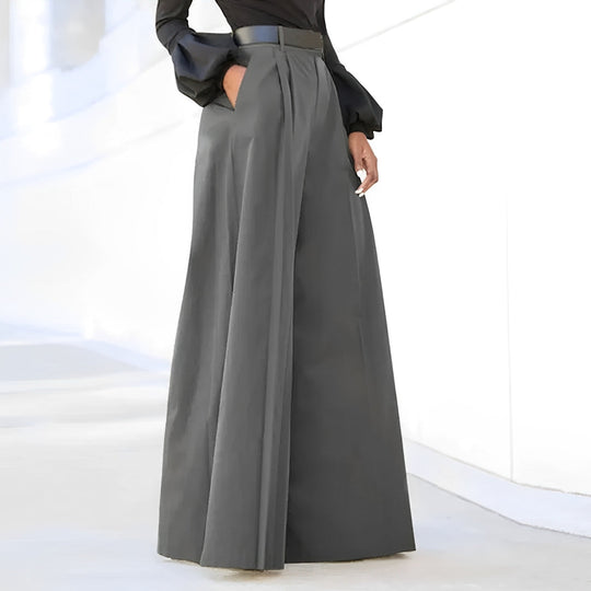 Damskie Spodnie z Wysokim Stanem i Szerokimi Nogawkami | Eleganckie Fałdy z Przodu | Elastyczny Materiał | Na Co Dzień i Smart Casual