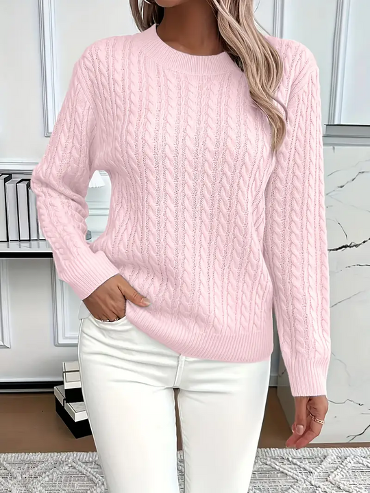 Damski Sweter – Klasyczny Krój – Wzór w Warkocze – Wygląd Wełny – Długi Rękaw Casual