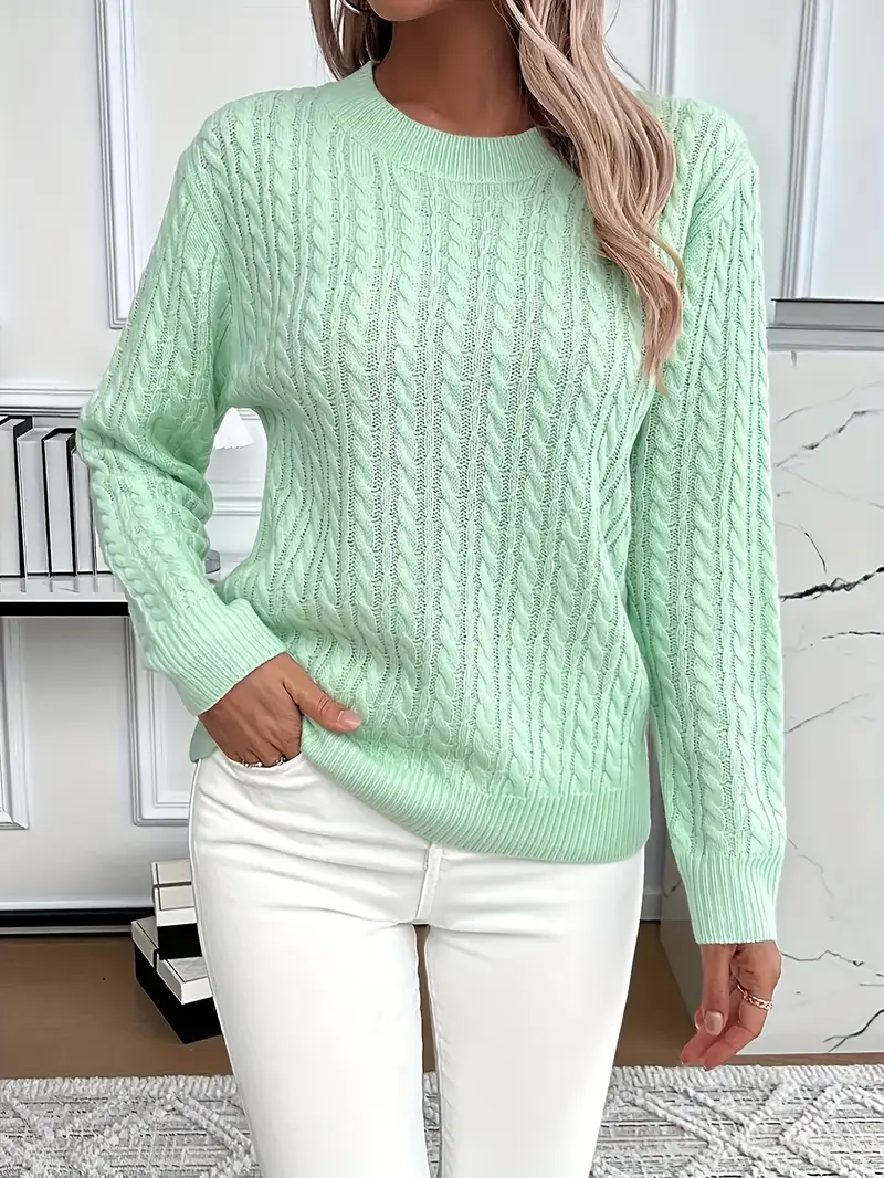 Damski Sweter – Klasyczny Krój – Wzór w Warkocze – Wygląd Wełny – Długi Rękaw Casual