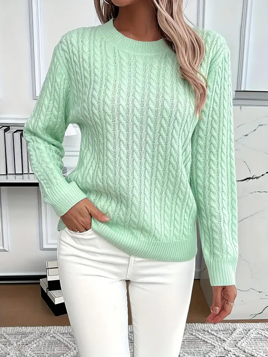 Damski Sweter – Klasyczny Krój – Wzór w Warkocze – Wygląd Wełny – Długi Rękaw Casual