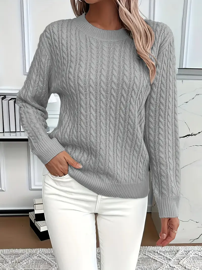 Damski Sweter – Klasyczny Krój – Wzór w Warkocze – Wygląd Wełny – Długi Rękaw Casual