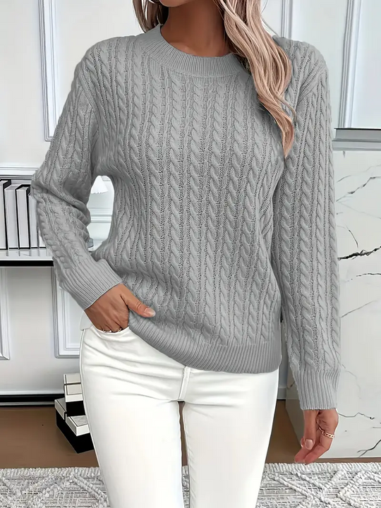 Damski Sweter – Klasyczny Krój – Wzór w Warkocze – Wygląd Wełny – Długi Rękaw Casual
