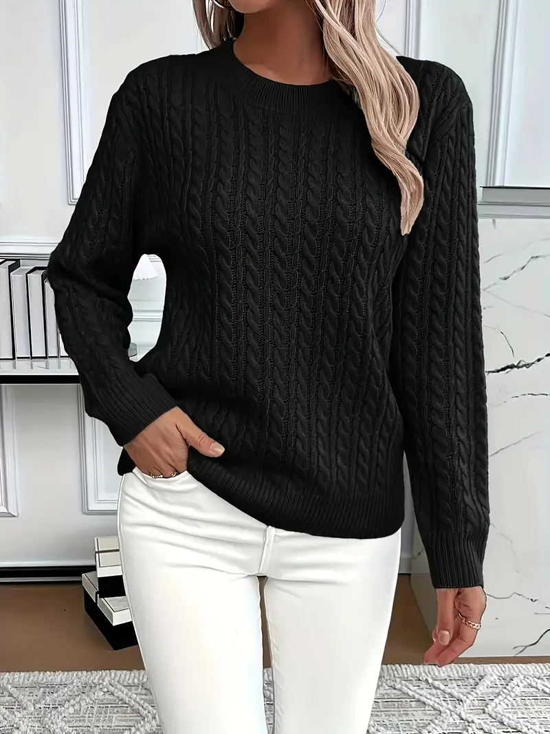 Damski Sweter – Klasyczny Krój – Wzór w Warkocze – Wygląd Wełny – Długi Rękaw Casual