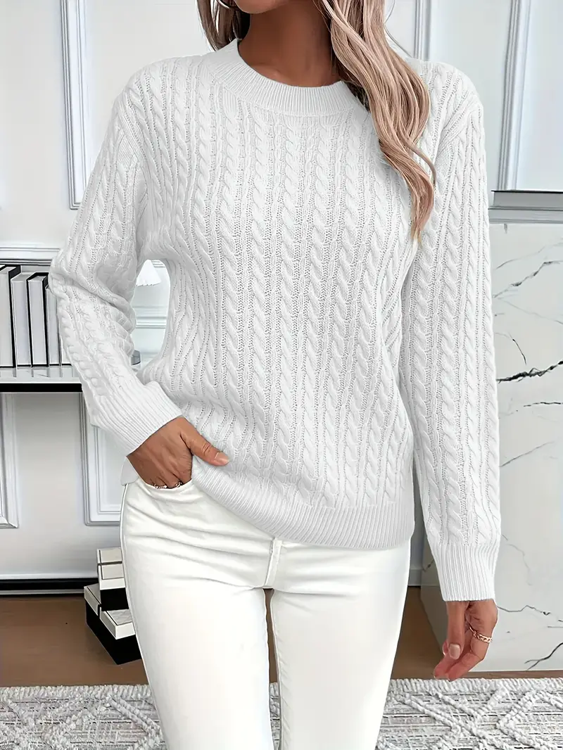 Damski Sweter – Klasyczny Krój – Wzór w Warkocze – Wygląd Wełny – Długi Rękaw Casual
