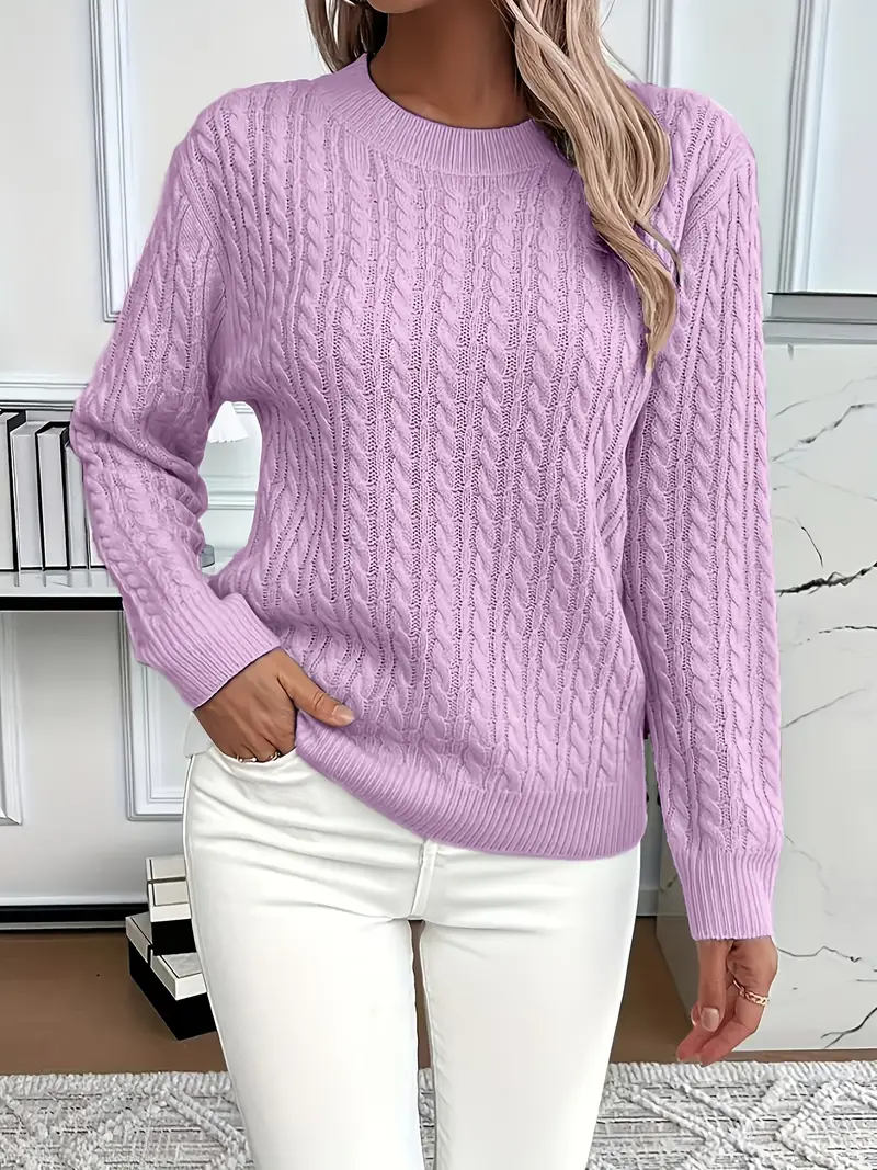 Damski Sweter – Klasyczny Krój – Wzór w Warkocze – Wygląd Wełny – Długi Rękaw Casual
