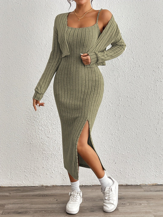 Trendy Zestaw Damski | Dopasowana Midi Sukienka i Krótki Żakiet z Rozcięciem | Styl Premium