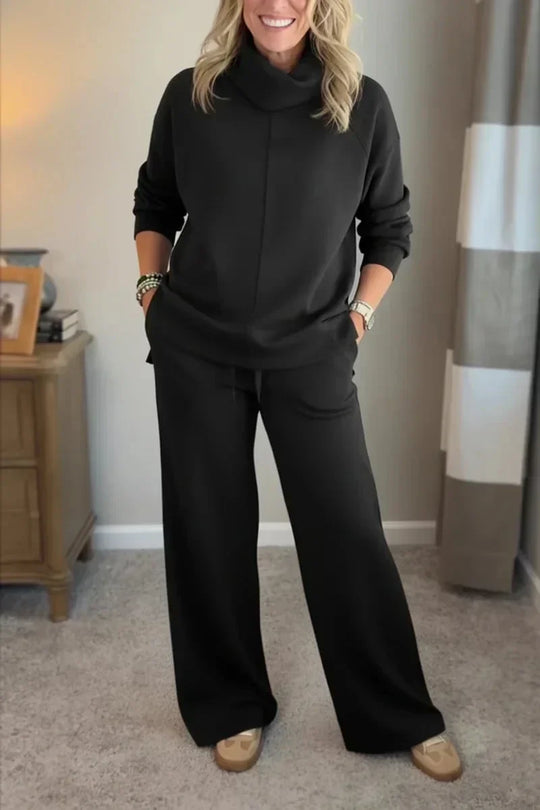 Kobieta | Zestaw Loungewear | Aya | Dzianinowy Komplet | Szerokie Spodnie | Granatowy | All-Season