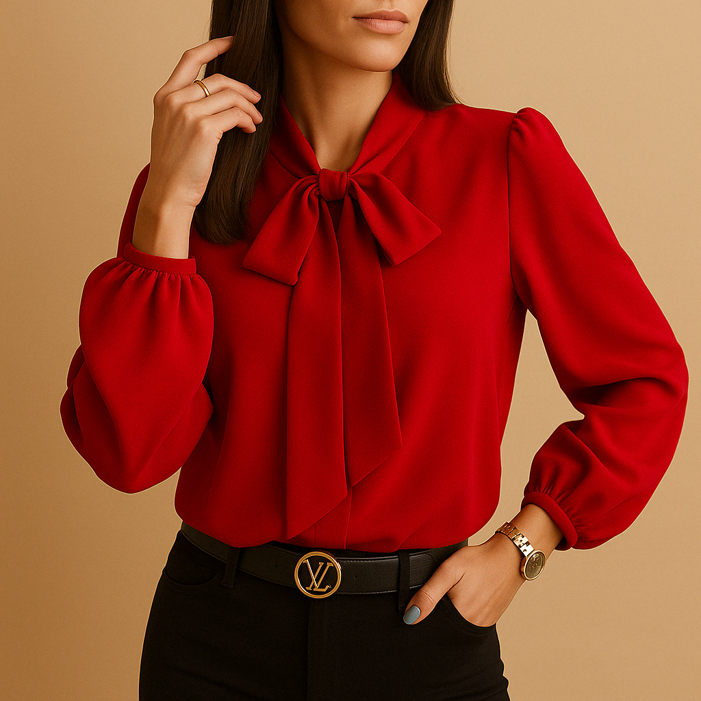 Damska Bluzka z Kokardą przy Kołnierzu | Szeroki Komfortowy Krój | Elegancka Biurowa i Codzienna | Kobiecy Styl