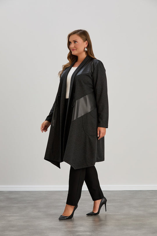 Kardigan damski | plus size, eko-skórne detale