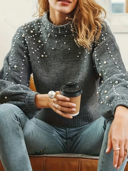 Sweter damski | dzianinowy, dekoracyjne detale