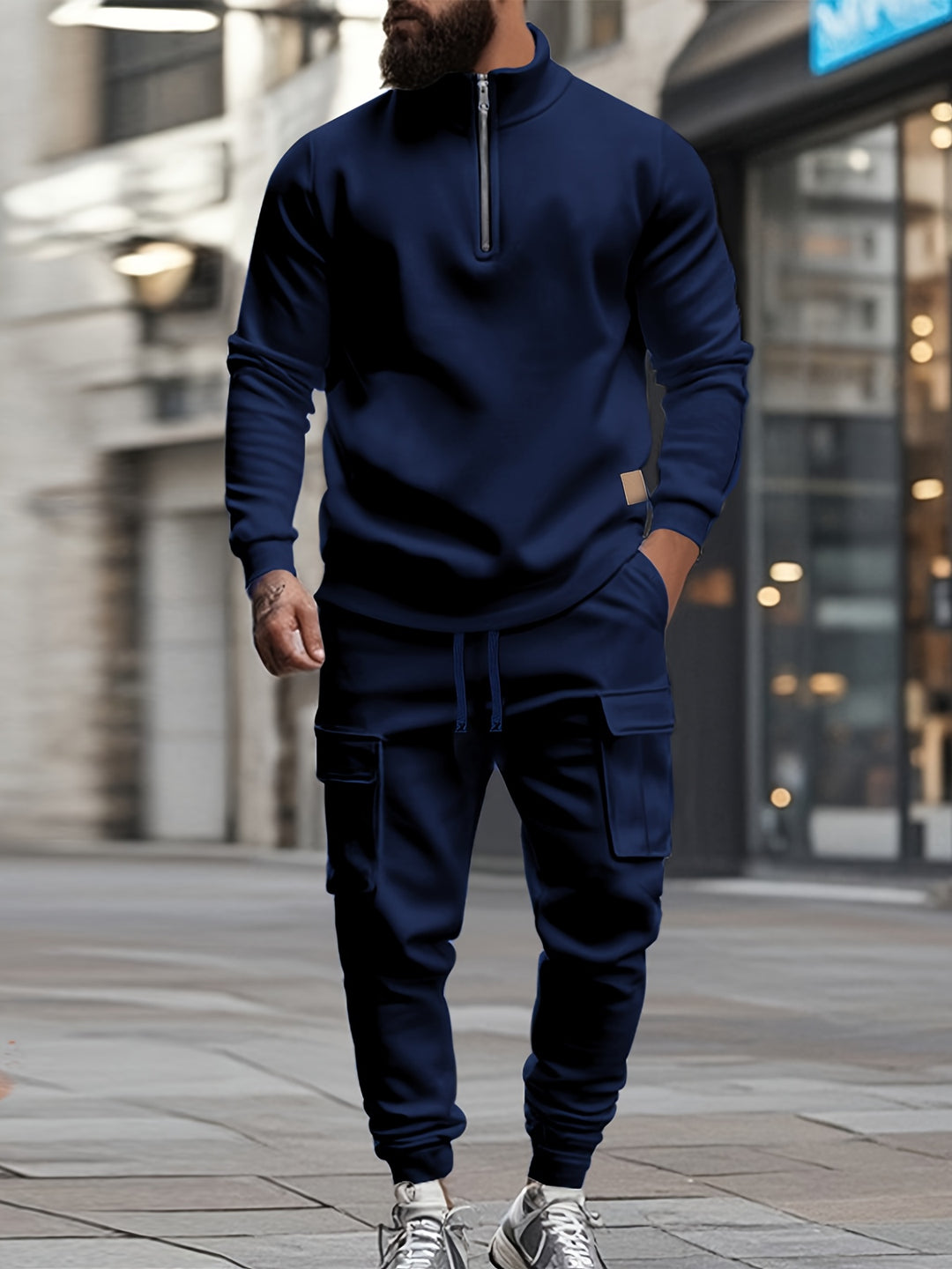 Męski Retro Sportpak | Sweatshirt z Pół-Zipem i Spodnie Robocze | Modny i Funkcjonalny