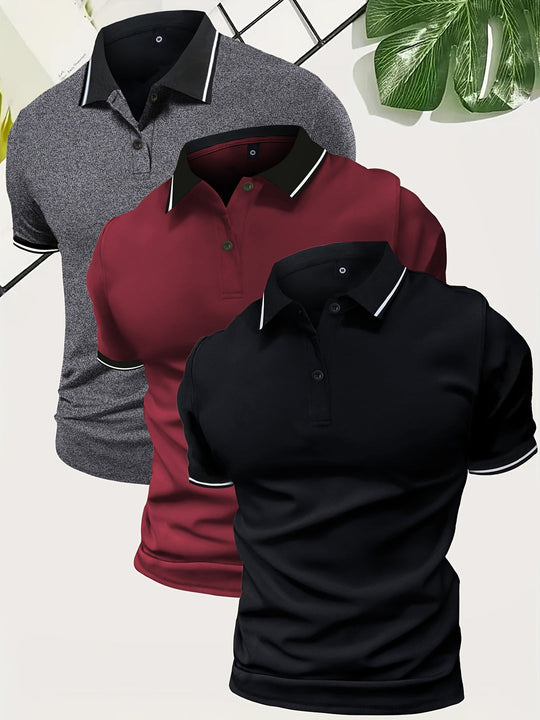 Mężczyzna | Zestaw 3 Koszulek Polo | Krótki Rękaw | Gładki Design | Lekka Tkanina | Styl Casual