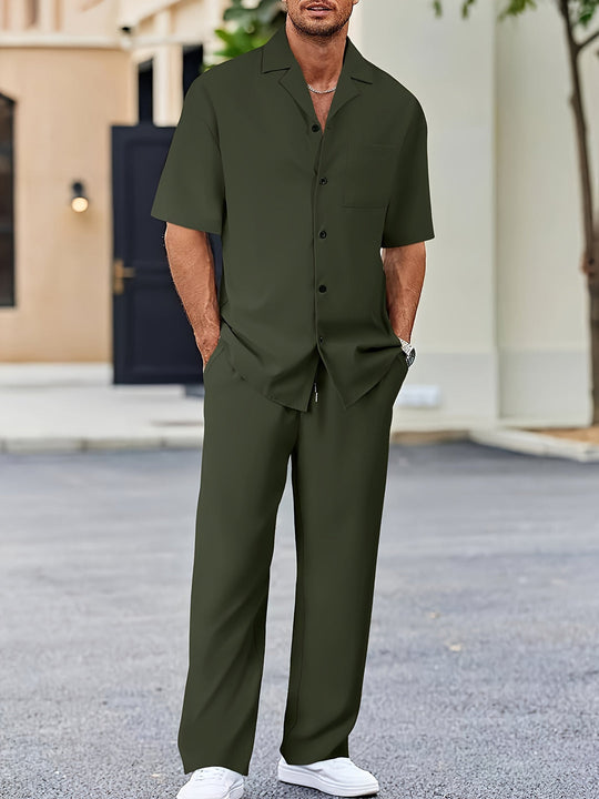 Mężczyzna | Zestaw Dwuczęściowy | Koszula z Krótkim Rękawem | Proste Spodnie | Standard Fit | Casual